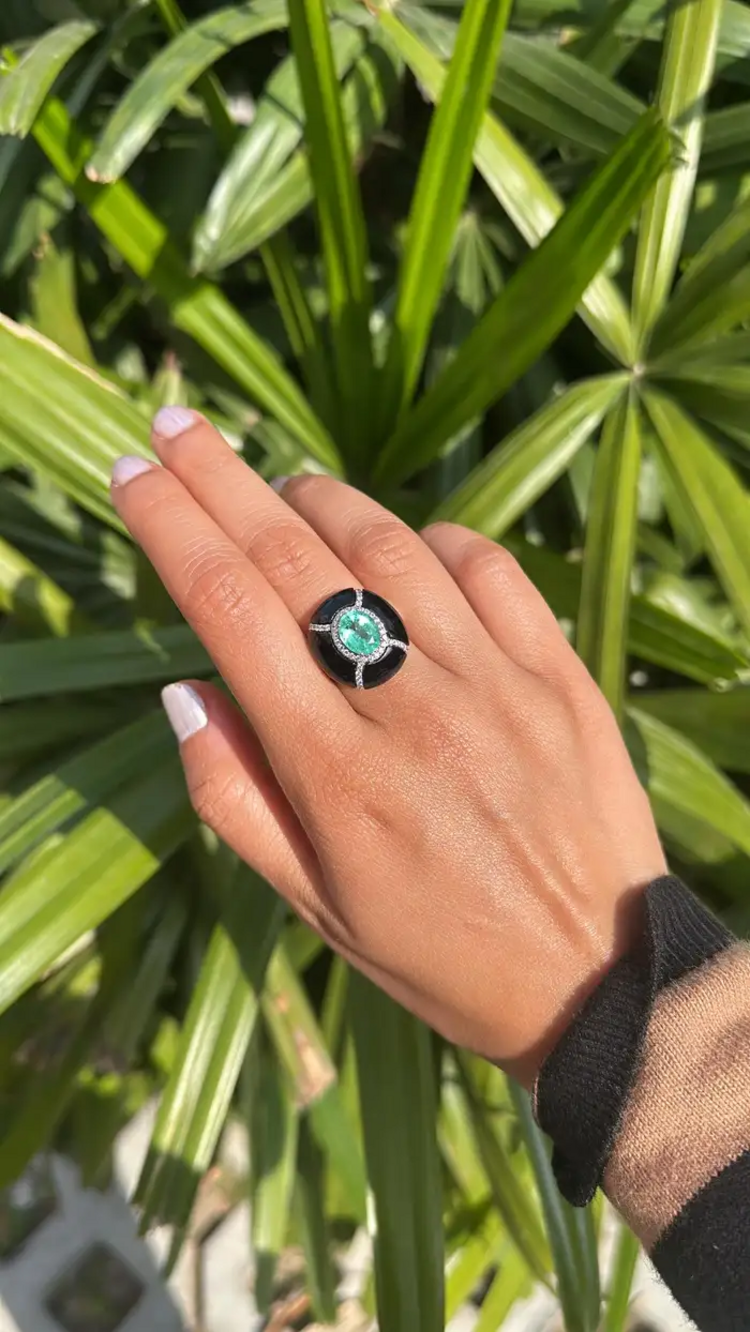 18k White Gold Diamond Cocktail Ring - Natural Colombian Emerald & Black Onyx Statement Ring