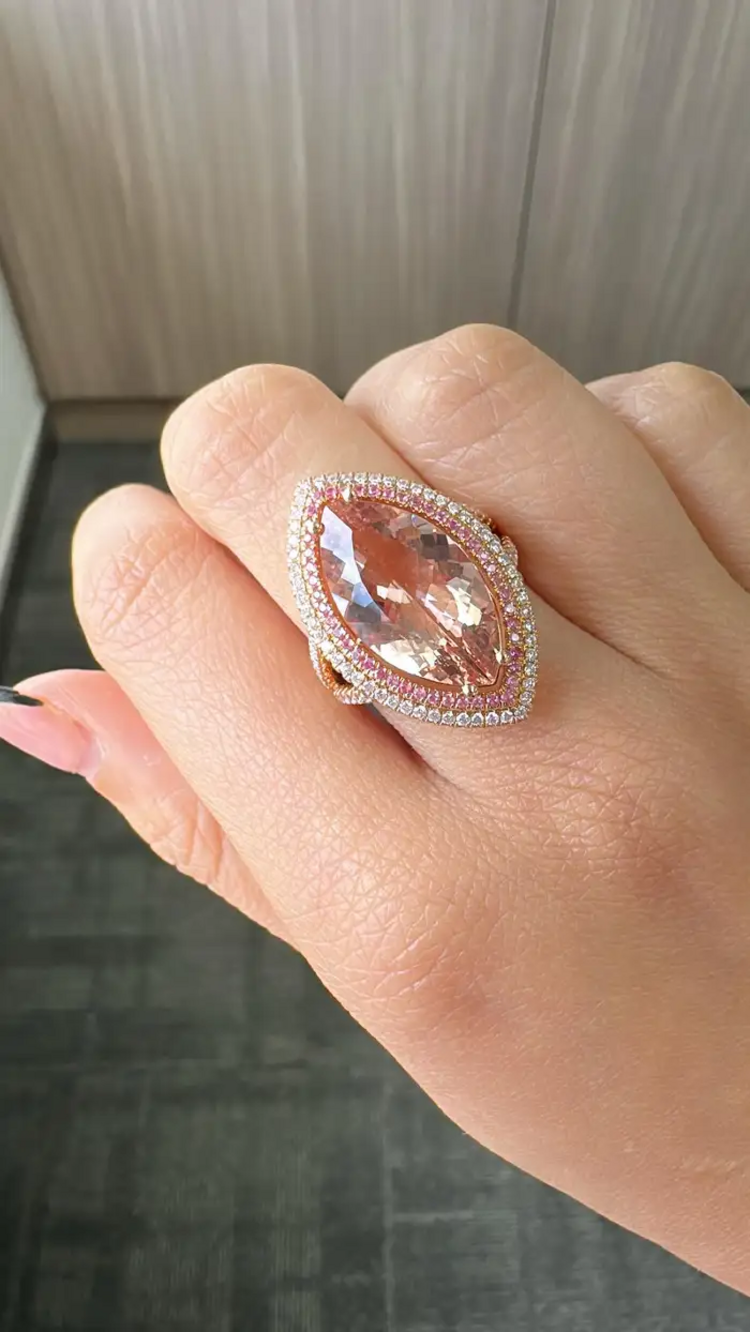 18k Rose Gold Diamond Cocktail Ring - Natural Morganite & Pink Sapphire Gemstone Ring