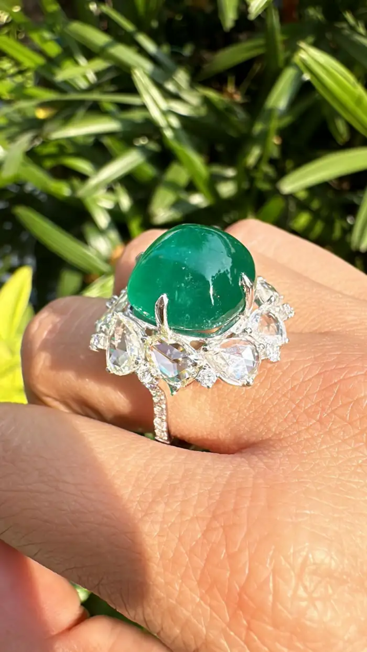 17.79 carats, natural Zambian Emerald Sugarloaf & Rose Cut Diamond Cocktail Ring