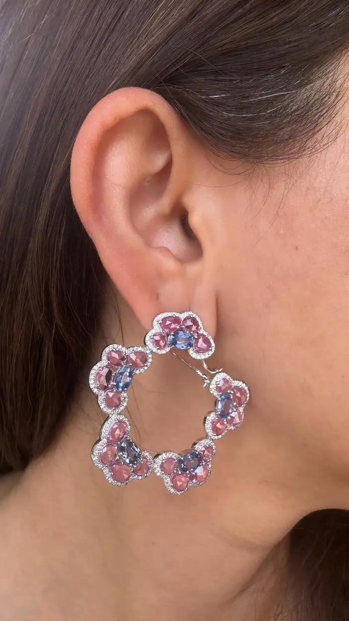 Natural Ceylon Blue & Pink Sapphire Gemstone Hoop Earrings - 18k White Gold Diamond Women Earrings