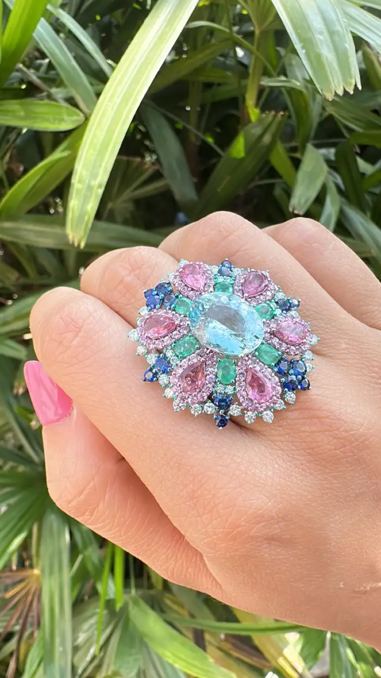Natural Aquamarine, Sapphires & Emerald Statement Ring - 18k White Gold Diamond Wedding Ring