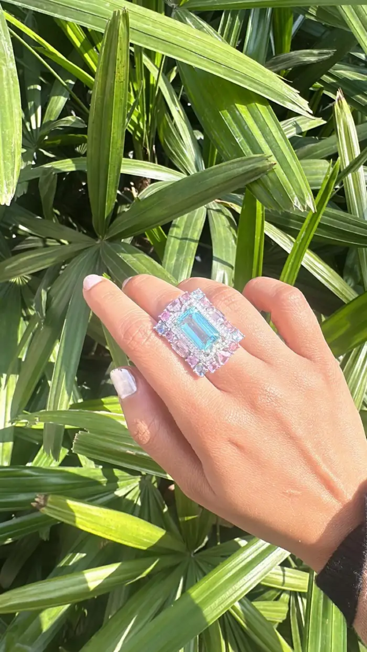 Natural Aquamarine & Multi Sapphire Gemstone Statement Ring - 18k White Gold Diamond Wedding Ring