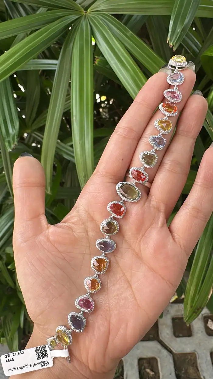 Natural Multi Sapphire & Rose Cut Diamond Bracelet - 18k White Gold Handmade Bracelet