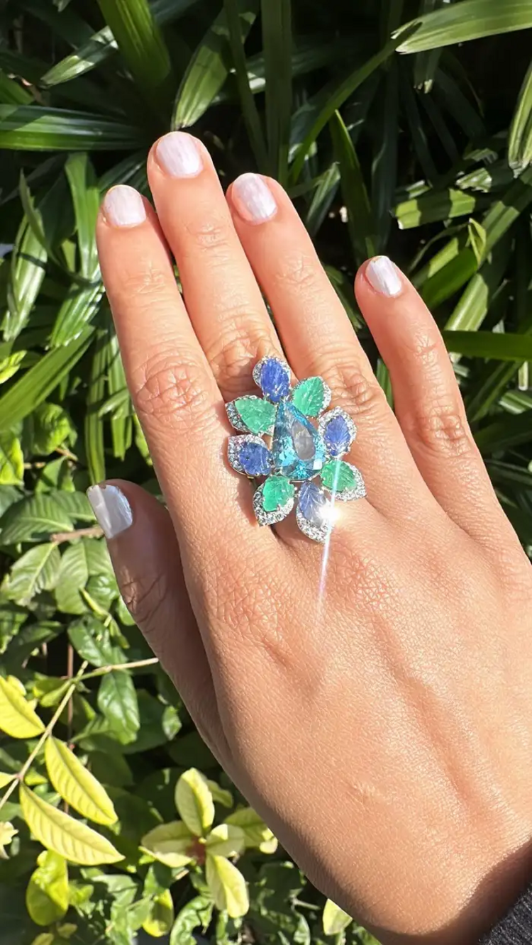 Aquamarine, Blue Sapphires, Emeralds & Diamonds Cocktail Ring - 18k White Gold Diamond Statement Ring