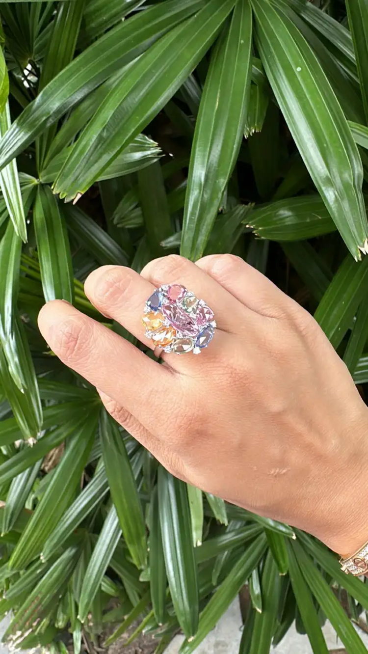 Multi Sapphire Gold Ring - 18k White Gold Handmade Cocktail Ring - Women Gold Diamond Ring