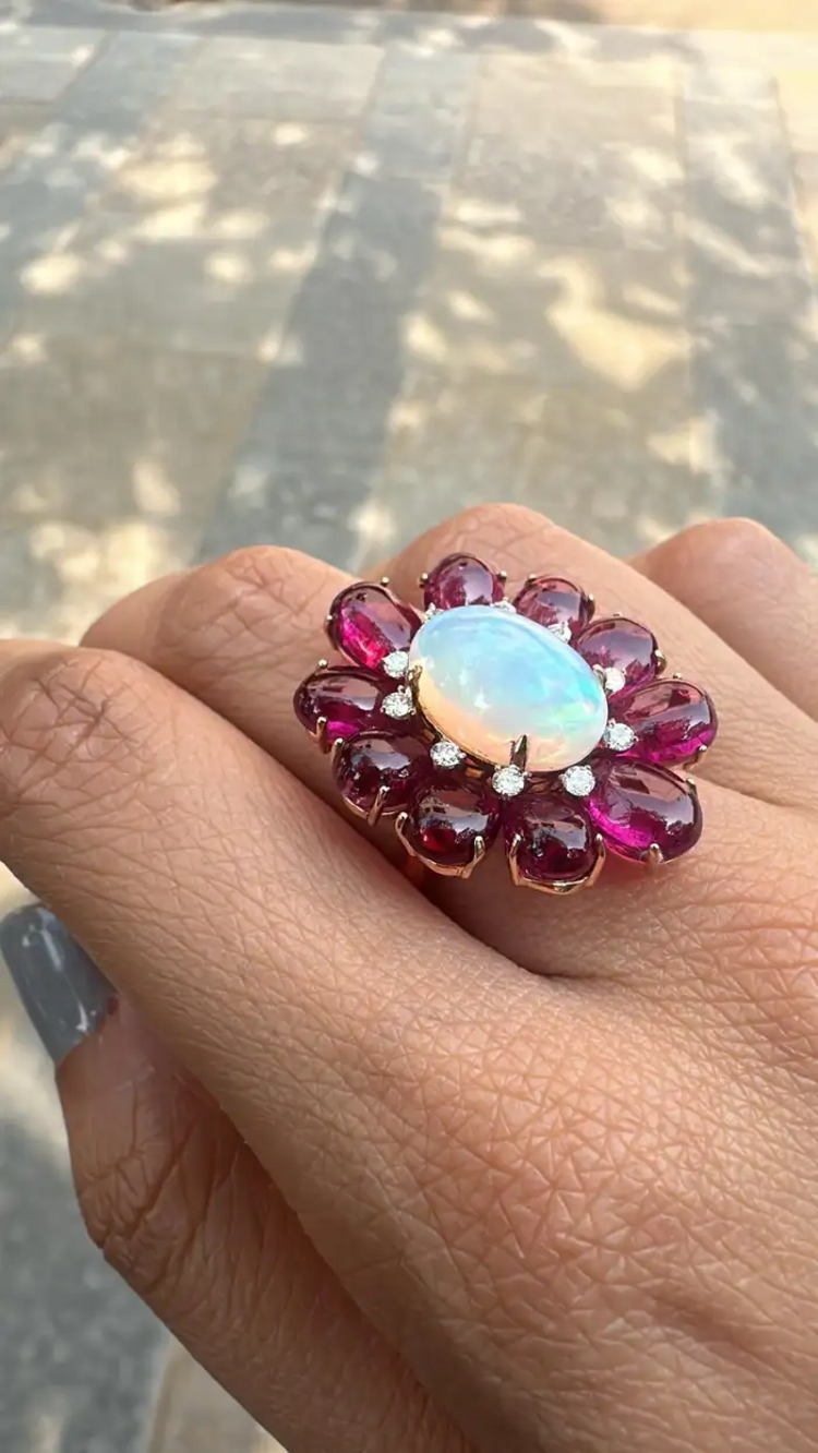 Natural Ethiopian Opal & Tourmaline Cocktail Ring - 18k White Gold Diamond Ring