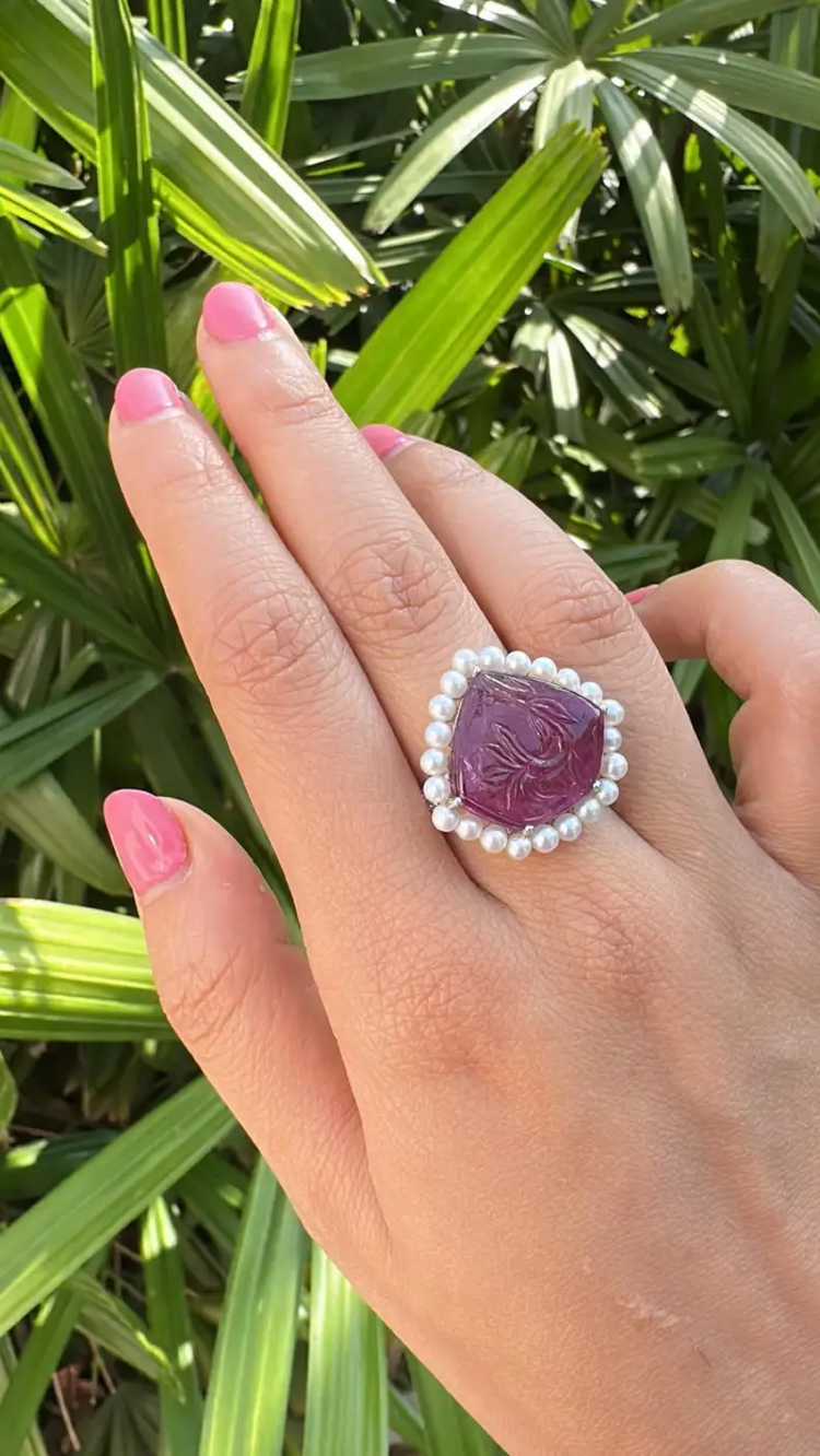 18k White Gold Carved Tourmaline Statement Ring - 10.67 Ct. Carved Tourmaline & Fresh Water Pearl Ring