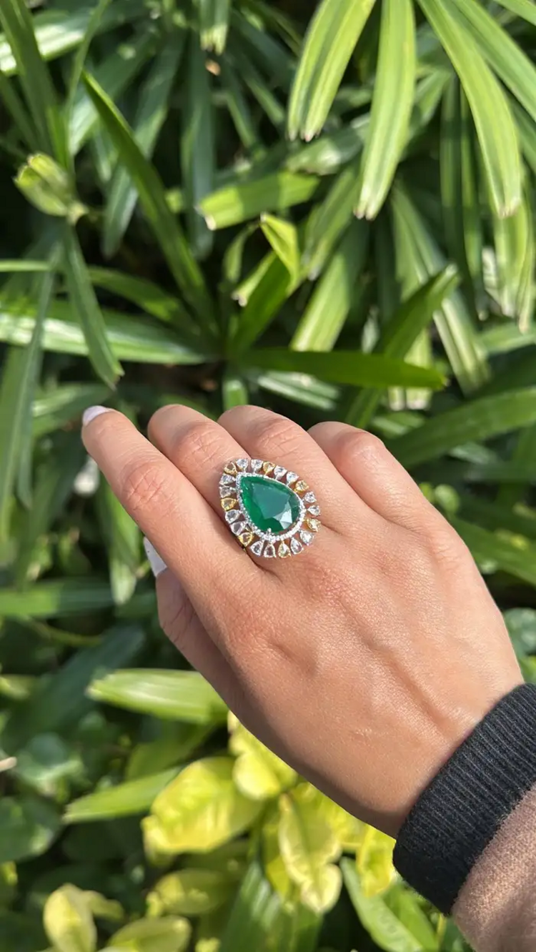 18k Two Tone Gold Ring - Natural Pear Shape Zambian Emerald & Diamond Ring