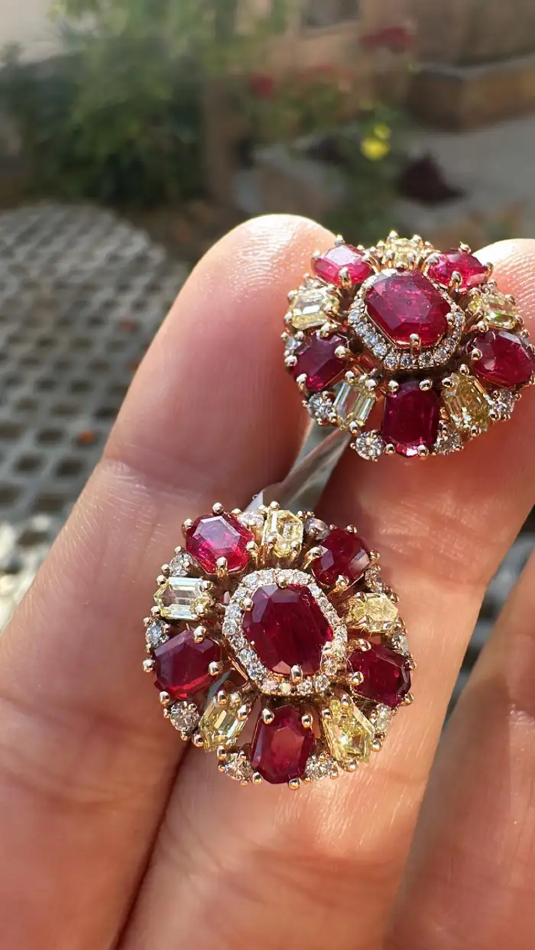 Mozambique Ruby & Yellow Diamond Stud Earrings - 18k Yellow Gold Diamond Stud Earrings