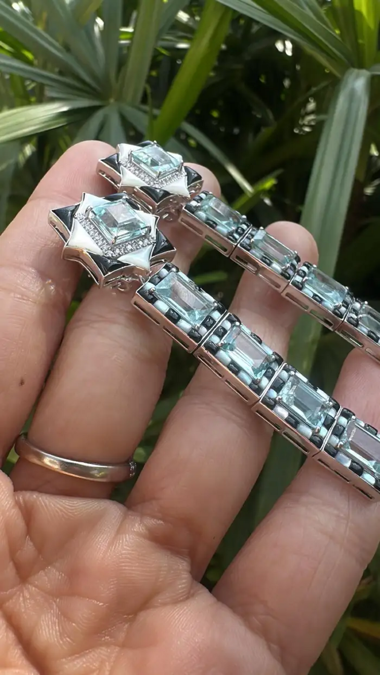 Natural Aquamarine & Black Onyx Dangle Earrings - 18k White Gold Diamond Wedding Earrings