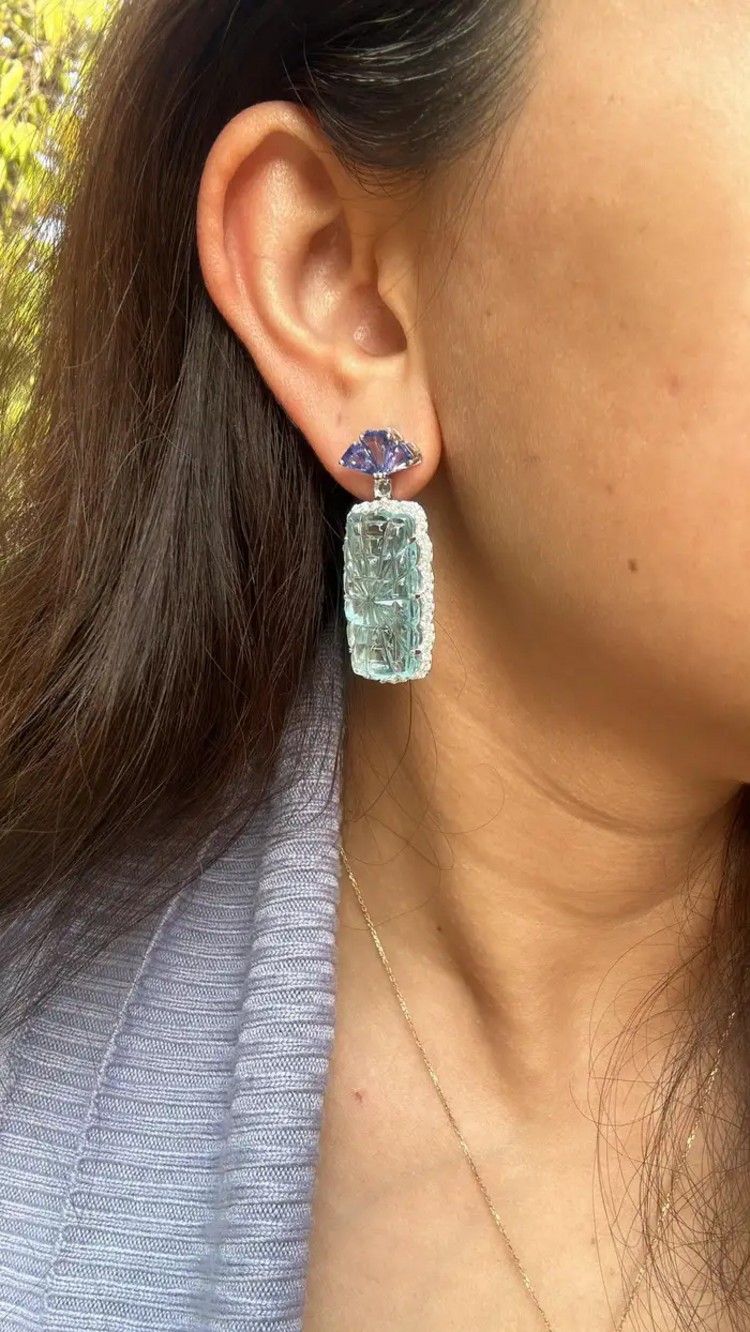 41.37 Ct. Carved Aquamarine Dangle Earrings - 18k White Gold Handmade Earrings - Trillion Cut Tanzanite Earrings
