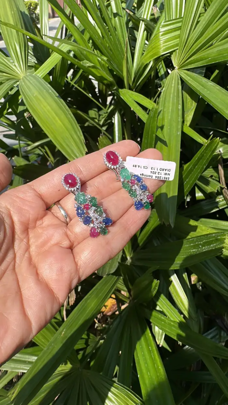 18k White Gold Diamond Dangle Earrings - Natural Ruby, Carved Emerald & Blue Sapphire Earrings