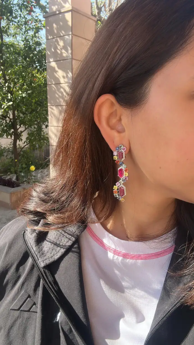 Natural Mozambique Ruby & Multi Sapphire Dangle Earrings - 18k White Gold Diamond Earrings
