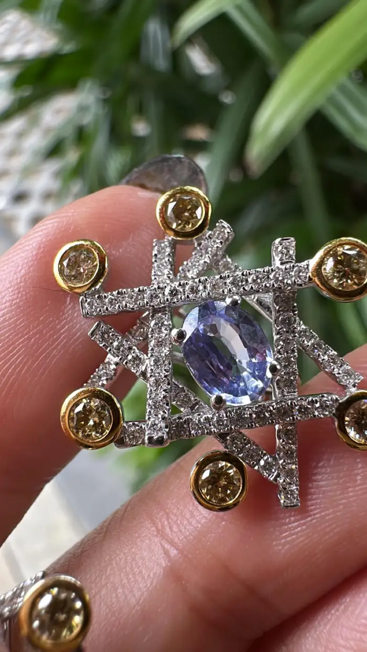 18k White Gold Handmade Stud Earrings With Yellow Diamonds - Natural Blue & Green Sapphire Stud Earrings