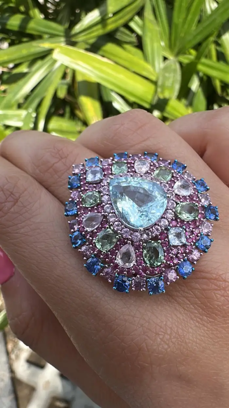 Natural Aquamarine & Multi Sapphire Gemstone Statement Ring - 18k White Gold Diamond Wedding Ring