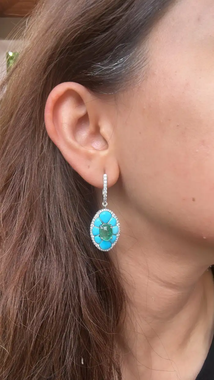 18k White Gold Diamond Dangle Earrings - Natural Emerald & Turquoise Gemstone Earrings