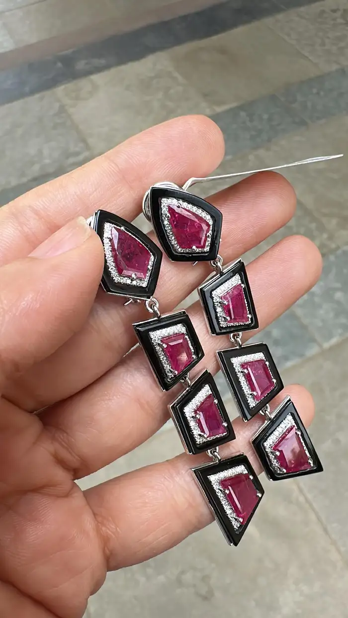 18k White Gold Diamond Dangle Women Earrings - Natural Mozambique Ruby & Black Onyx Statement Earrings