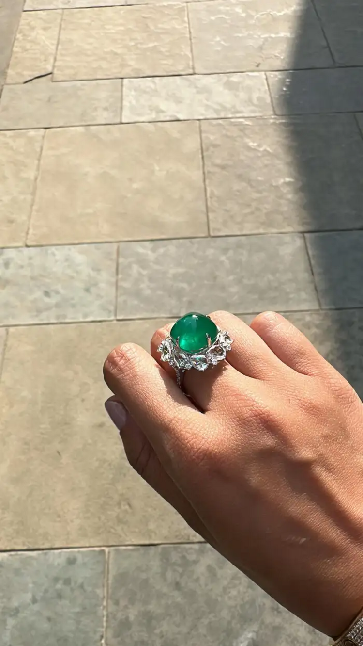 17.79 carats, natural Zambian Emerald Sugarloaf & Rose Cut Diamond Cocktail Ring