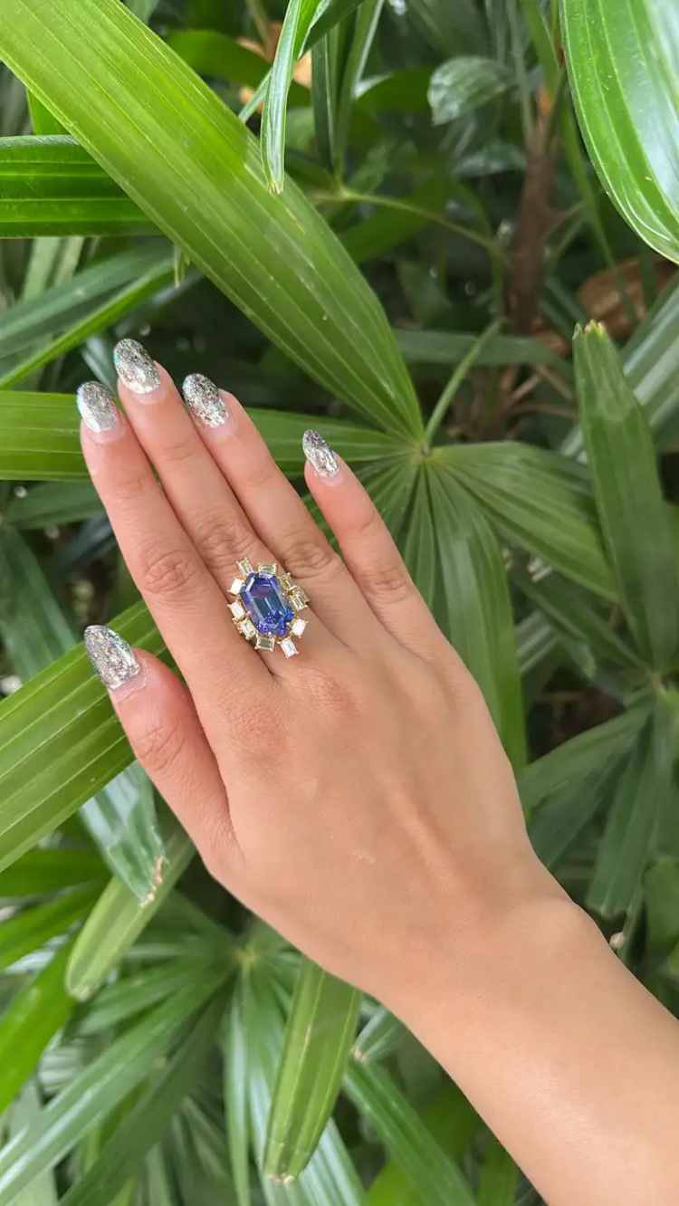 18k White Gold Yellow Diamond Engagement Ring - Natural Hexagon Cut Tanzanite Statement Ring