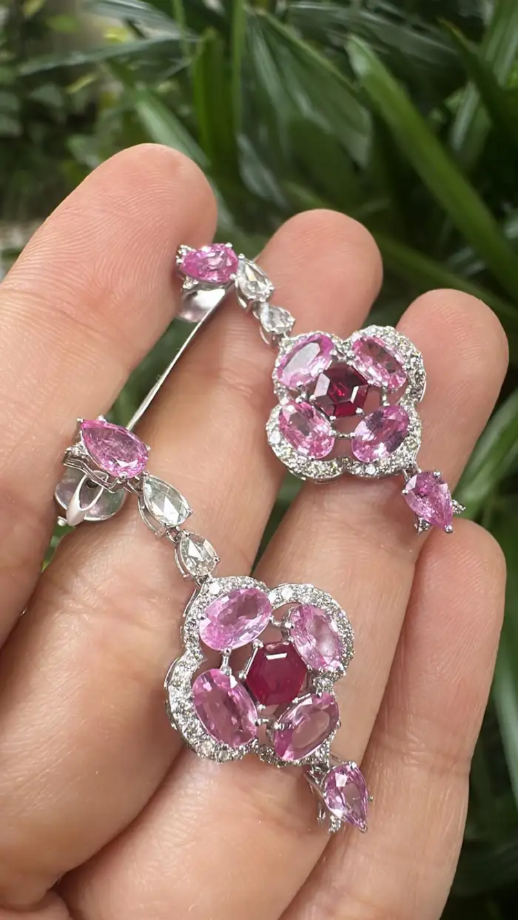 Ceylon Pink Sapphire & Ruby Gemstone Earrings - 18k White Gold & Rose Cut Diamond Dangle Earrings