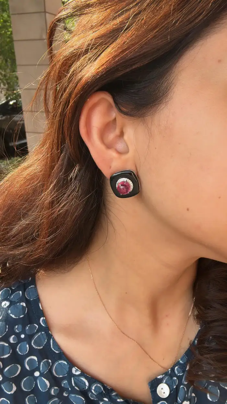 18k White Gold Diamond Stud Earrings - Natural Rubellite & Black Onyx Daily Wear Earrings
