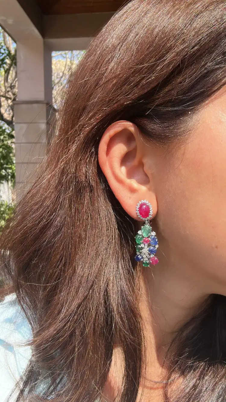18k White Gold Diamond Dangle Earrings - Natural Ruby, Carved Emerald & Blue Sapphire Earrings