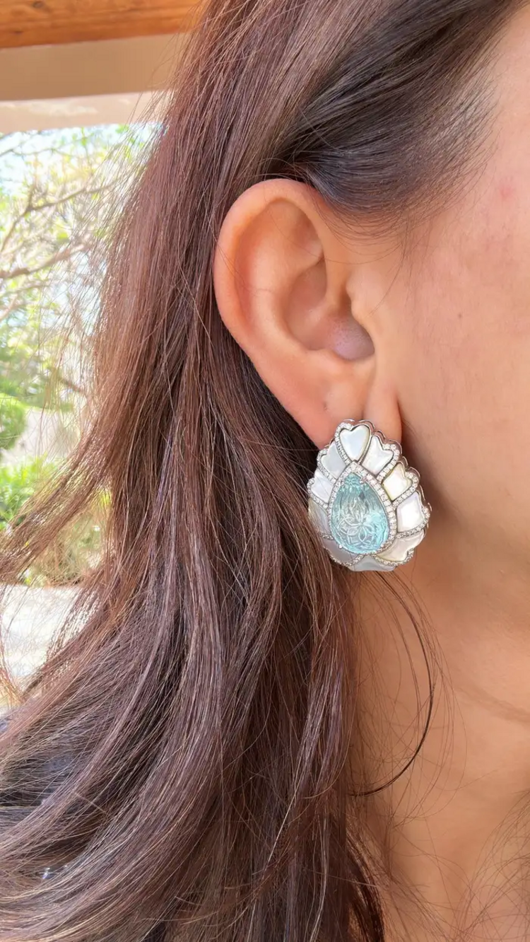 18k White Gold Handmade Diamond Stud Earrings - Pear Shape Carved Aquamarine & Pearl Stud Earrings