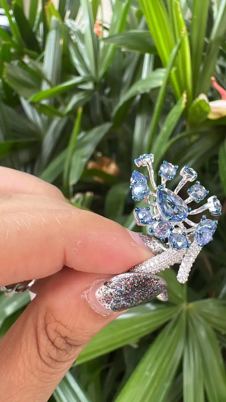 Natural Blue Sapphire & Diamond Cocktail Ring - 18k White Gold Handmade Ring