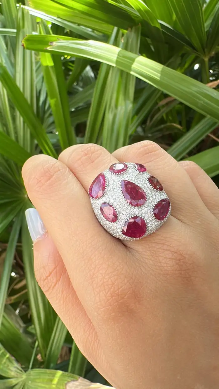 Natural Mozambique Ruby & Diamond Dome Ring - 18k White Gold Handmade Statement Ring