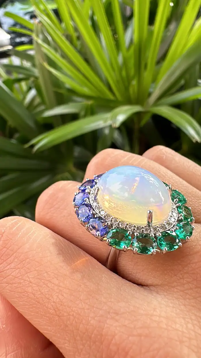 Gold Diamond Ring | 18k White Gold Zambian Emerald Ring | Tanzanite & Ethiopian Opal Cocktail Ring | Handmade Gold Diamond Ring