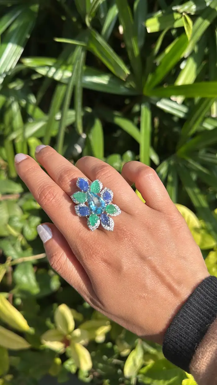 Aquamarine, Blue Sapphires, Emeralds & Diamonds Cocktail Ring - 18k White Gold Diamond Statement Ring