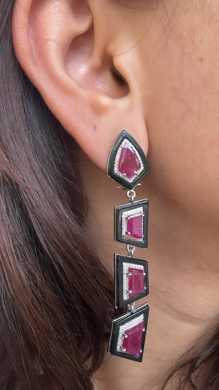 18k White Gold Diamond Dangle Women Earrings - Natural Mozambique Ruby & Black Onyx Statement Earrings