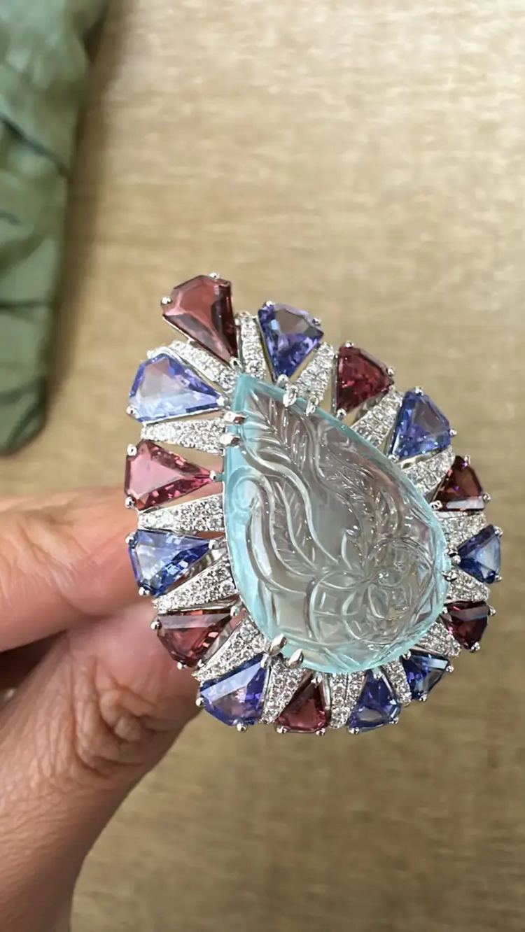 Natural Rubellite, Tanzanite & Carved Aquamarine Gold Ring - 18k White Gold Diamond Big Ring