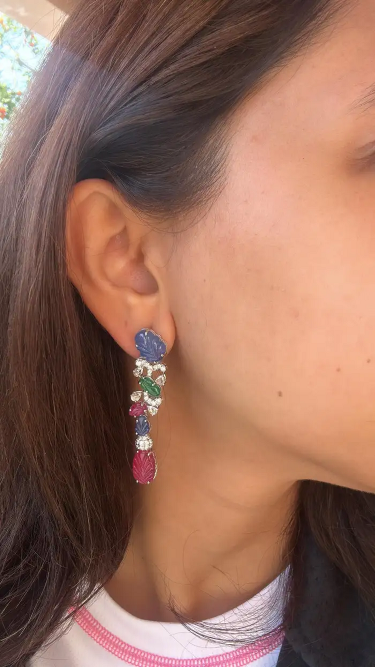 Natural Blue Sapphires, Emeralds, Rubies & Diamonds Chandelier Earrings - 18k White Gold Earrings