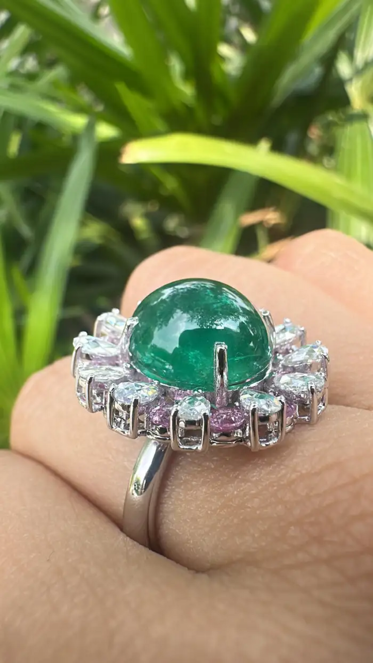 Solid 18k White Gold Handmade Cocktail Ring - Natural Zambian Emerald & Pink Sapphire Ring