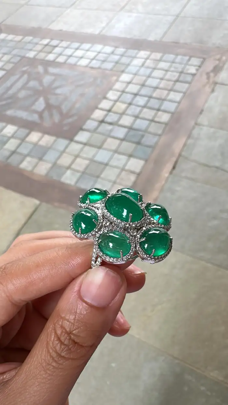 18k White Gold Diamond Statement Ring - Natural Cabochon Emerald Gemstone Ring