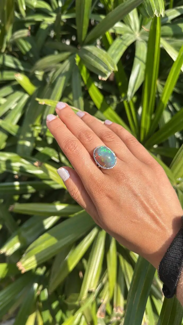 18k White Gold Diamond Statement Ring - Natural 16.23 Ct. Ethiopian Opal Women Ring