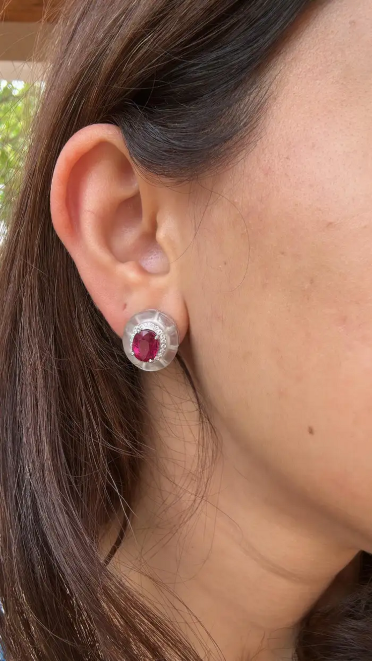 18k White Gold Diamond Stud Earrings - Natural Rubellite & Rock Crystal Earrings