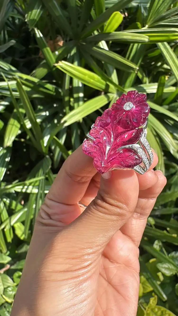 33.00 Ct. Carved Tourmaline Ring - 18k Gold Diamond Big Ring - Gemstone Floral Ring