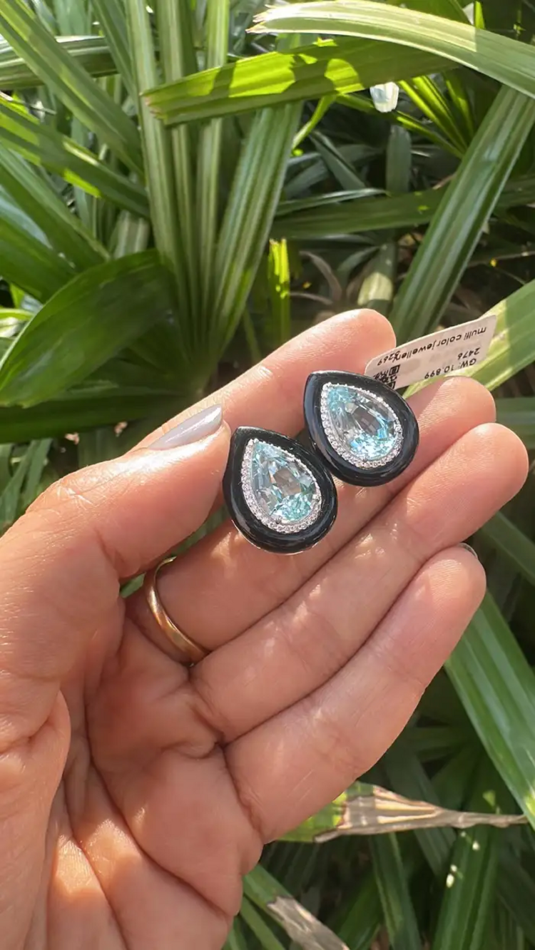 Pear Shape Aquamarine Stud Earrings - 18k White Gold Diamond Handmade Earrings