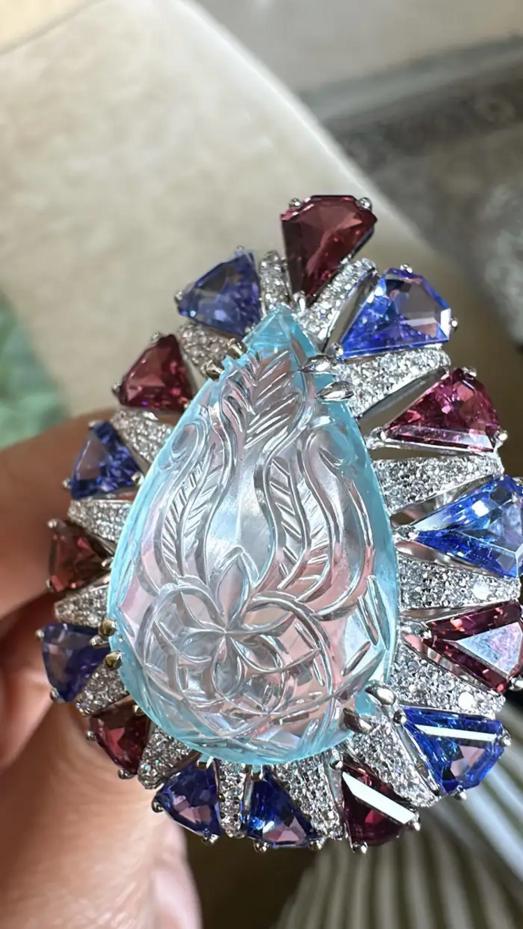 Natural Rubellite, Tanzanite & Carved Aquamarine Gold Ring - 18k White Gold Diamond Big Ring