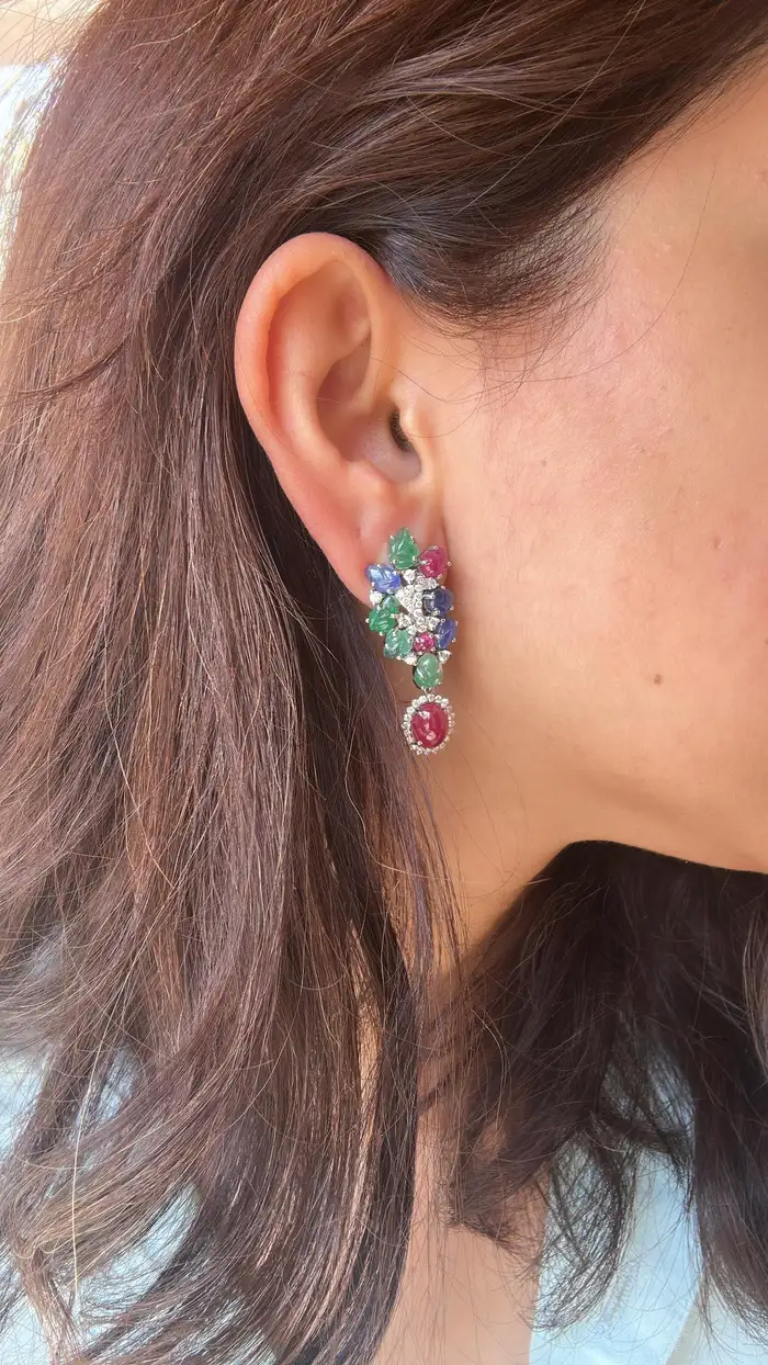 Natural Mozambique Ruby, Zambian Emerald & Blue Sapphire Dangle Earrings - 18k White Gold Diamond Chandelier Earrings