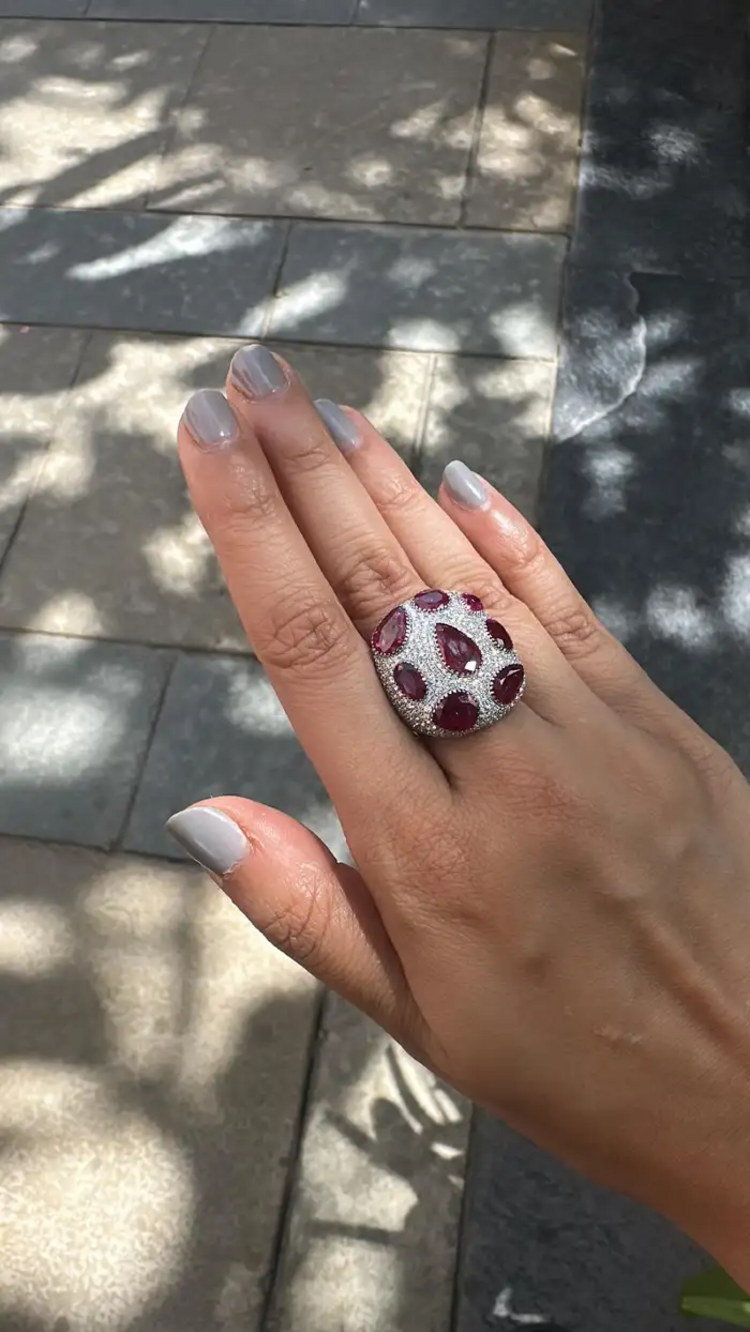 Natural Mozambique Ruby & Diamond Dome Ring - 18k White Gold Handmade Statement Ring