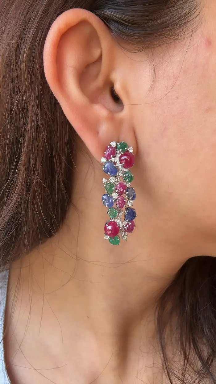 18k White Gold Diamond Dangle Earrings - Natural Mozambique Ruby, Zambian Emerald & Carved Blue Sapphire Earrings