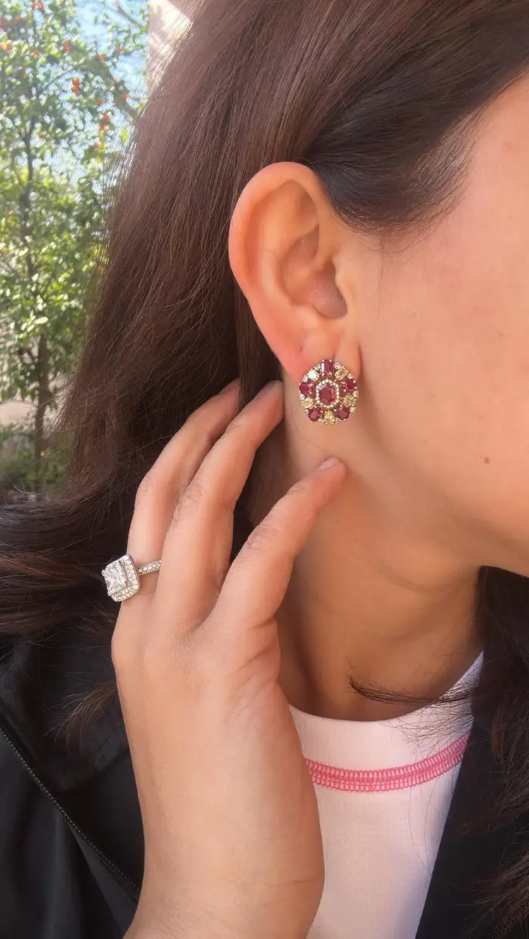 Mozambique Ruby & Yellow Diamond Stud Earrings - 18k Yellow Gold Diamond Stud Earrings