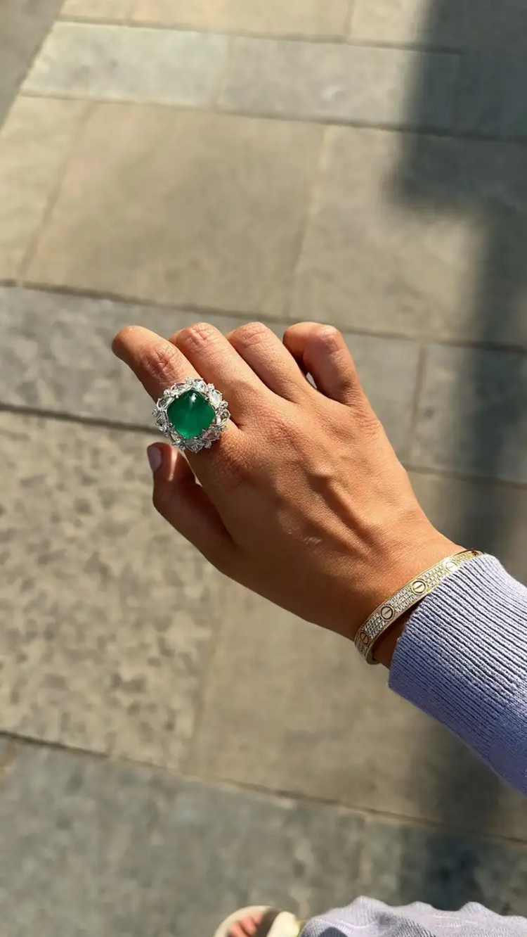 17.79 carats, natural Zambian Emerald Sugarloaf & Rose Cut Diamond Cocktail Ring