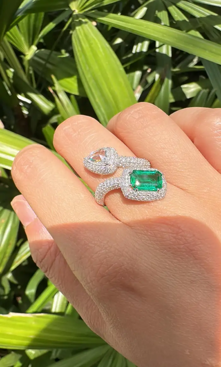 Zambian Emerald & Rose Cut Diamond Ring - 18k White Gold Handmade Wedding Ring