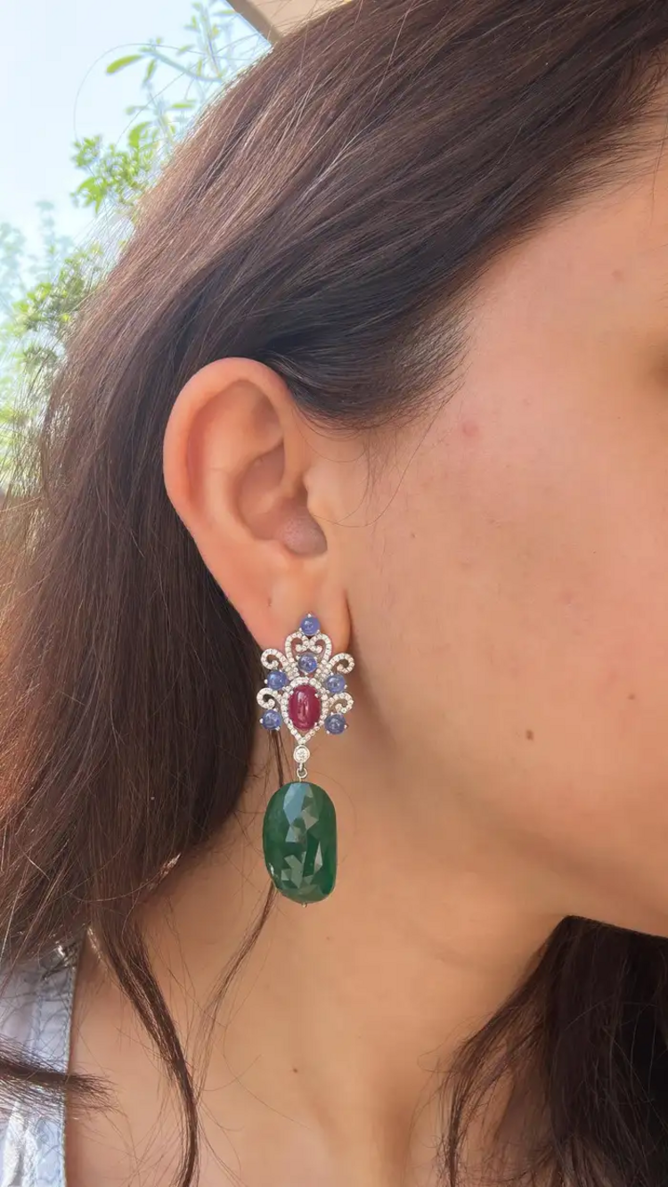 18k White Gold Diamond Dangle Earrings - Natural Blue Sapphire, Mozambique Ruby & Zambian Emerald Tumble Earrings
