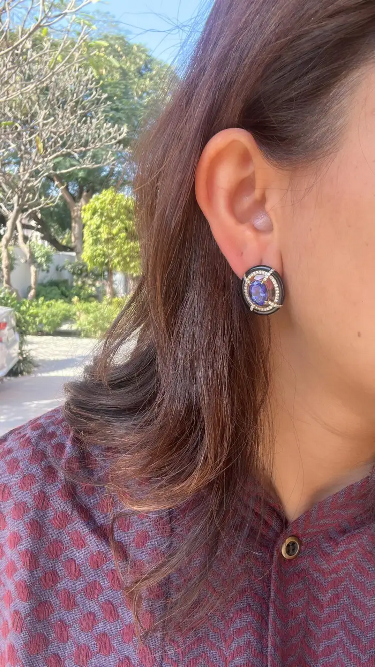 18k Gold Diamond & Tanzanite Gemstone Stud Earrings - Rock crystal & Black Onyx Earrings