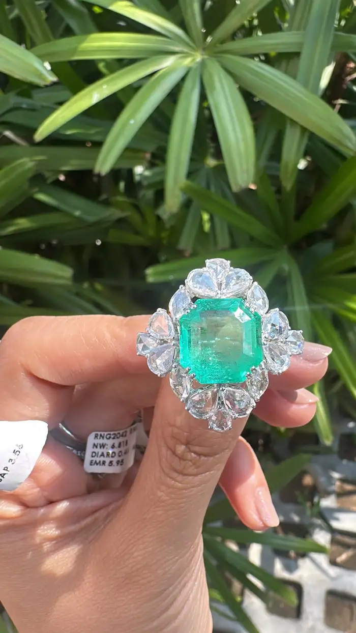 9.22 Ct. Colombian Emerald Engagement Ring - Natural Rose Cut Diamond Wedding Ring